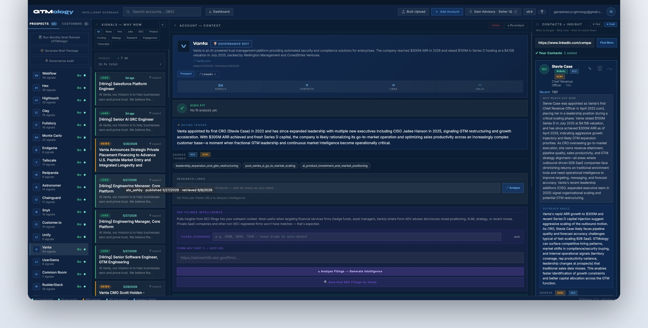 GTMology workspace — intelligence interface where account signals, governance, contacts, buying triggers, and GTM recommendations come together.